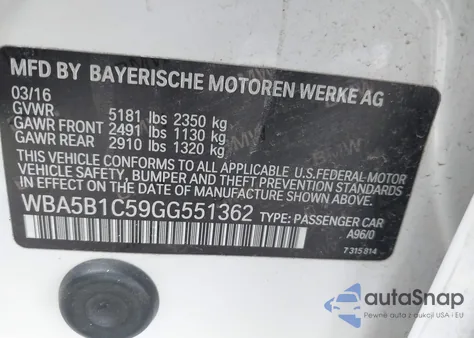 2016 BMW 535I из США, поврежденный, VIN WBA5B1C59GG551362